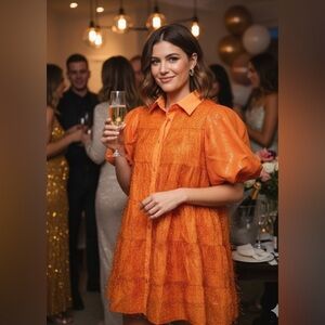 New! QUEEN OF SPARKLES Orange Tinsel Mini Dress